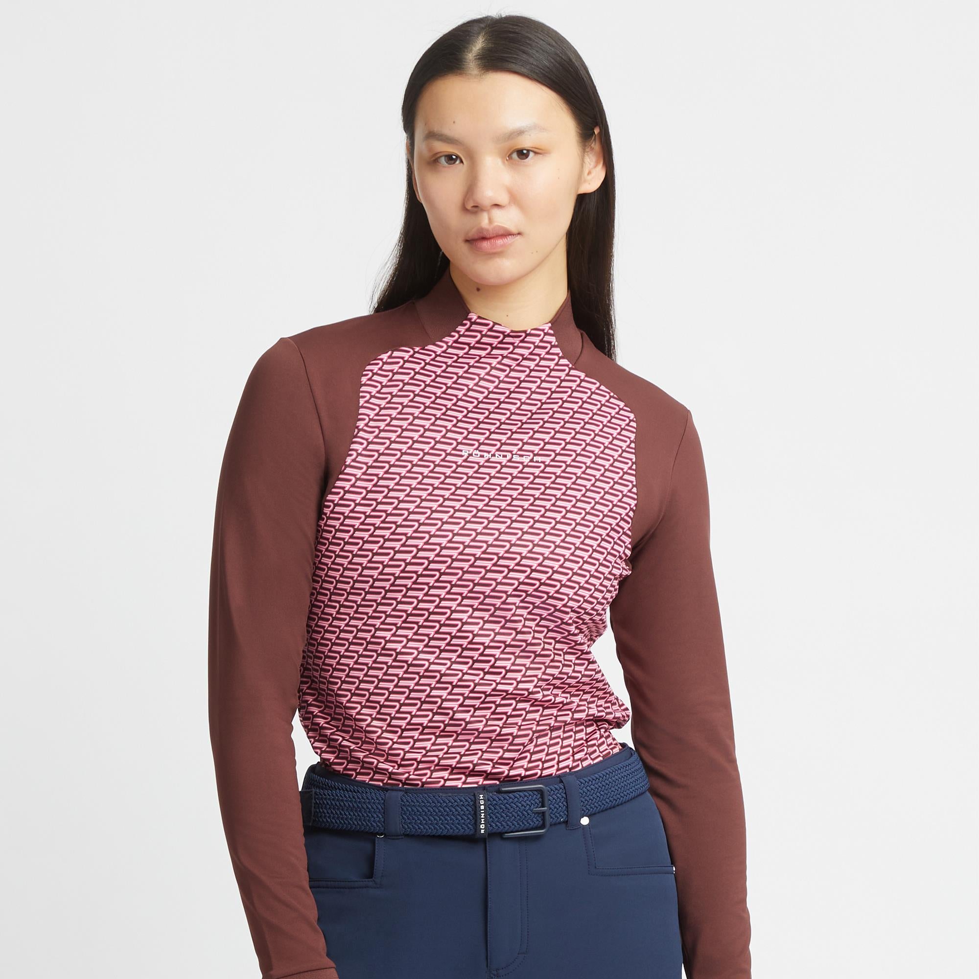 Rohnisch Ellie Brushed Ladies Thermal Golf Polo Shirt Carmine Rose Retro R Monogram